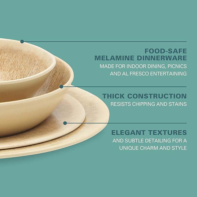 Gibson Home Casper Court 16-Piece Melamine Dinnerware Set – Beige Reactive Glaze Look Plates and Bowls, Service for 4 – Top Rack Dishwasher Safe Everyday Dining Set