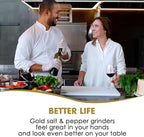 vzaahu Golden Salt and Pepper Grinders with Funnel, Brush - Adjustable Coarseness Shiny Gold Cap Seasalt Peppermill Set Refillable with Magnetic Lid, for Modern, Kitchen Decoration Gift