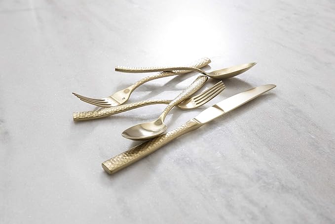 Fortessa Lucca Faceted 18/10 Stainless Steel Flatware, Dessert/Soup Spoon, 7.1", Set of 12, Brushed Gold