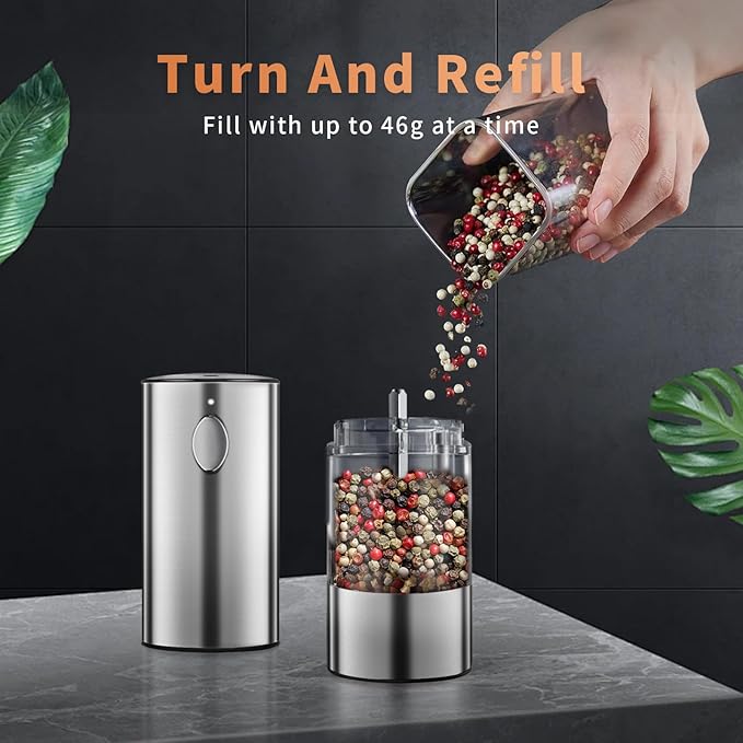 Electric Salt and Pepper Grinder Set, Rechargeable Pepper Grinder LED lights, Stainless Steel Automatic Salt and Pepper Mill Set, Refillable with 5 Adjustable Coarseness Silver