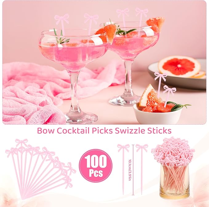 100Pcs Pink Toothpicks Plastic Bow Cocktail Picks Long Fruit Skewers Christmas Bow Drink Stirrers Cupcake Toppers Fancy Toothpick for Appetizers Drinks Wedding Coquette Birthday Bow Party Decorations