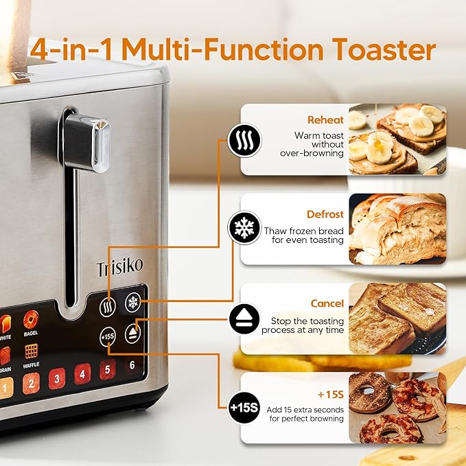 Trisiko® Touch Screen Toaster 2 Slice, Stainless Steel Smart Toaster with Digital Timer, 1.38" Extra-Wide Slots for Bread& Bagel,with Reheat, Defrost, Cancel, +15s Boost, Great for Home, Office, Dorm