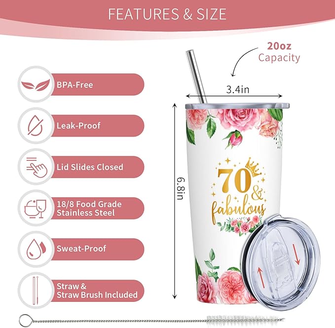 70th Birthday Gifts for Women, Gifts for 70 Year Old Woman, 70th Birthday 20oz Tumbler, 1955 Bday Gift for Women, 70th Bday Gift Ideas