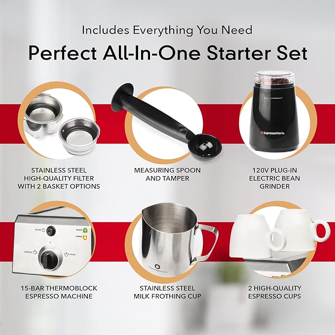 EspressoWorks All-In-One Espresso Machine with Milk Frother 7-Piece Set - Latte Maker Includes Grinder, Frothing Pitcher, Cups, Spoon and Tamper - Coffee Gifts (Stainless Steel)