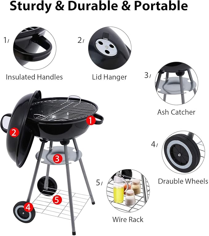 Charcoal Grill 18 inch Barbecue Grill with Waterproof Grill Cover for Outdoor Courtyard Picnic Camping Tailgating BBQ Kettle