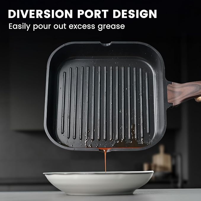 Kikcoin Nonstick Grill Pan for Indoor Cooking，9.5 Inch Versatile Griddle for Stove Tops Steak Pan with Pour Spouts