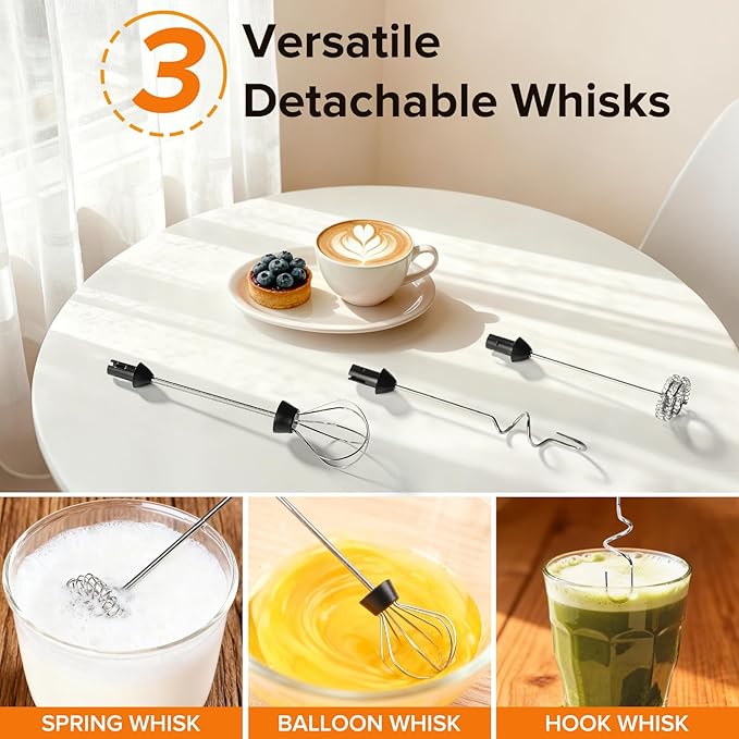 Milk Frother Handheld, 3-Speed Frother Wand USB-C Rechargeable, with 3 Detachable Whisks, Coffee Frother for Coffee,Latte, Cappuccino, Matcha, Hot Chocolate & Eggs, Electric Whisk Drink Mixer (Black)