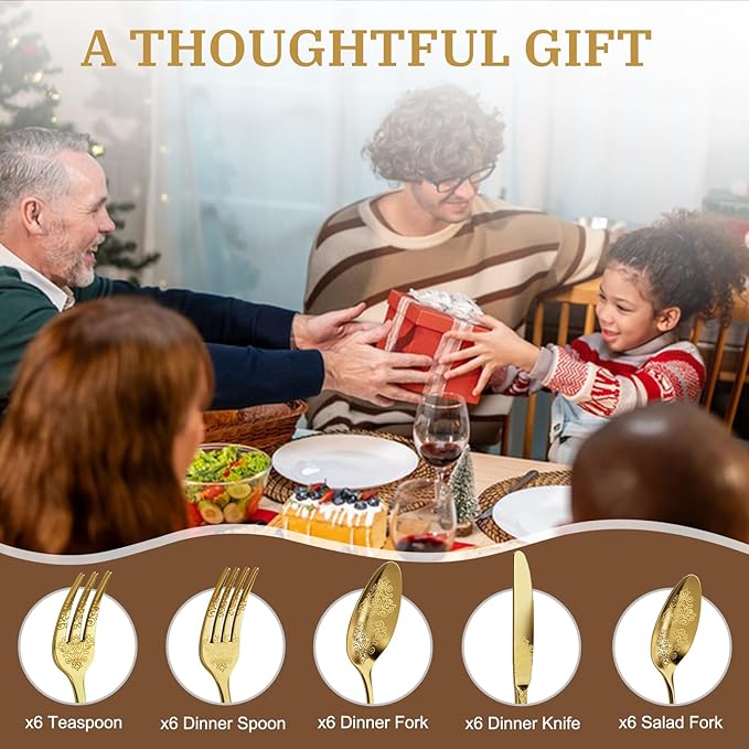 30-Piece Stainless Steel Silverware Set, Elegant Floral Engraved Cutlery Flatware Set for 6, Golden Tableware Utensil Sets Durable Include Fork Spoon Knife with Mirror Polish