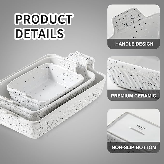 KOOV Bakeware Set, Ceramic Baking Dish, Rectangular Lasagna Pans for Cooking, Cake Dinner, Kitchen, 9 x 13 Inches, 3-Piece, Splash Series (Splashed White)