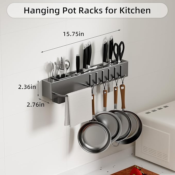 NET MEYA Stainless Steel Pot and Pan Hanger,Wall Mounted Pot Rack Kitchen Hanging Rail With S Hooks,Detachable Pans Hanging Rail Kitchen Lids Utensils Hanger,15.7 Inch Wall Mounted Hanging Pot Rack