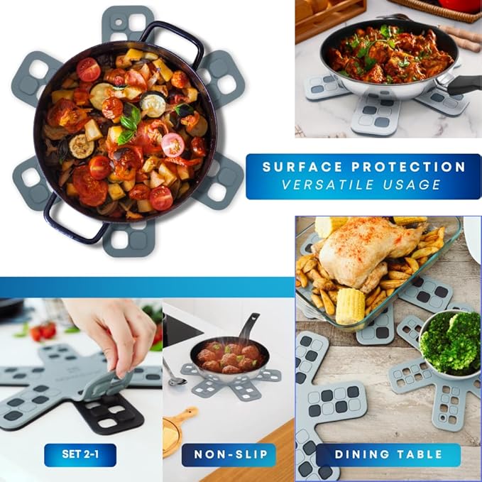 Dual-Use Silicone Pan Protectors for Stacking & Trivets for Hot Dishes | Silicone Trivet Mat | Perfect for Pot and Pan Protectors | 2-Pack Medium (12.5in) Cookware Protectors (M2-BLU/BLU)