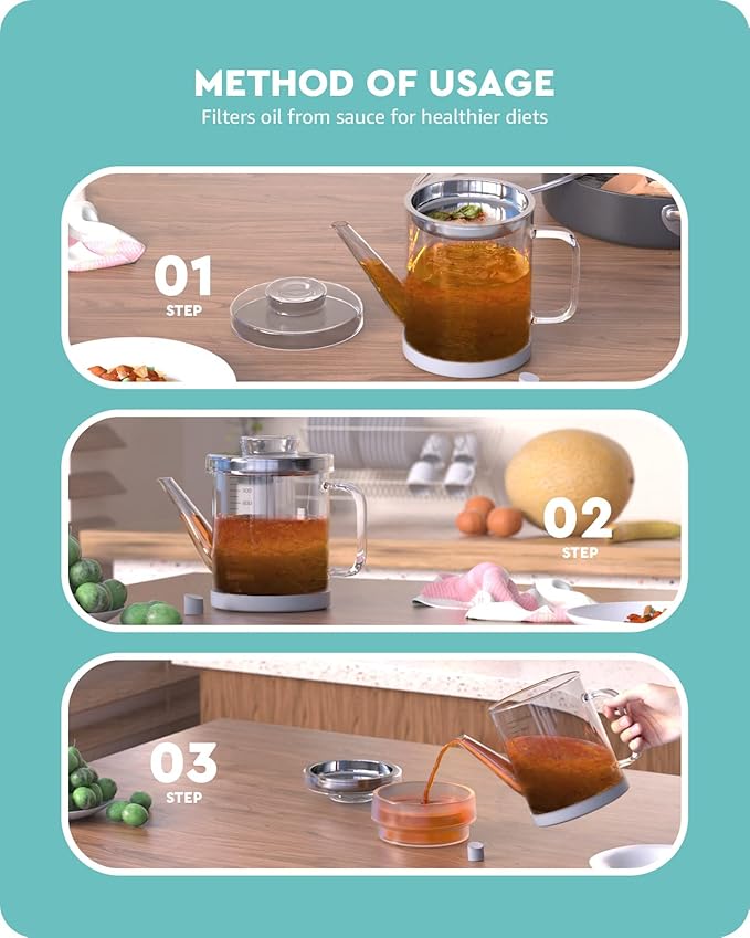 Baffect Glass Fat Separator, Bacon Grease Container with Strainer, Frying Oil Storage Can for Cooking (1L /4 Cups)