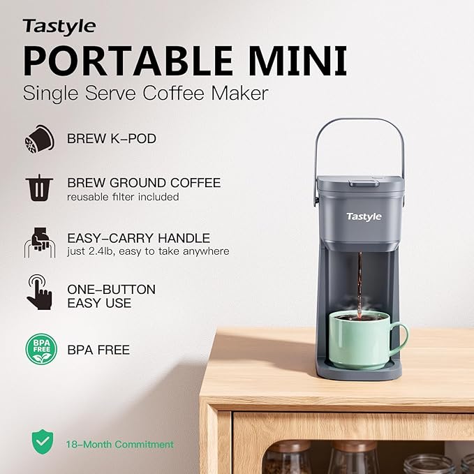 Single Serve One Cup Coffee Maker, for K Cups and Grounds, Mini Coffee Maker with Portable Handle, 6 to 12 Oz Brew Size, for Travel, Camping, Office, RV and Dorm, 120V, Cool Gray
