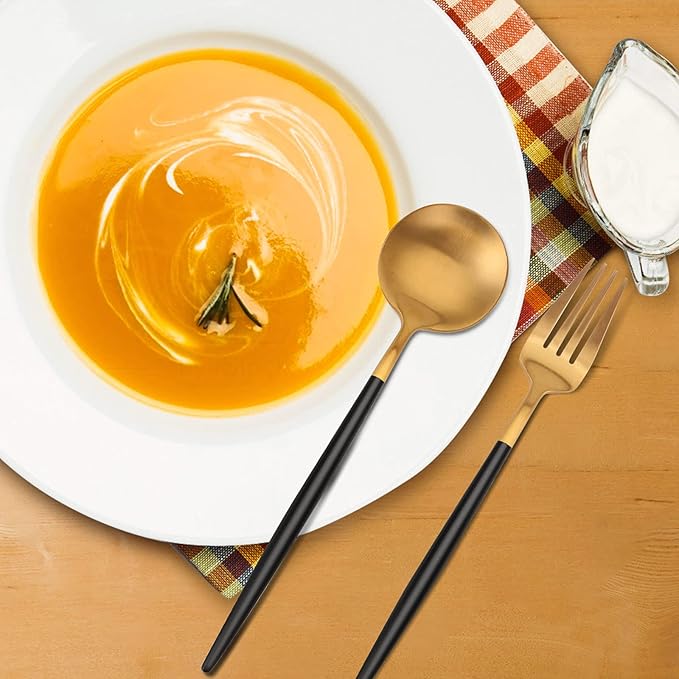 Matte Gold Silverware Set with black handle, Vanys 20 Piece Stainless Steel Cutlery Flatware Set, Kitchen Utensil Sets for 4, Tableware With Knife Spoons And Forks Set, Satin Finished Polished