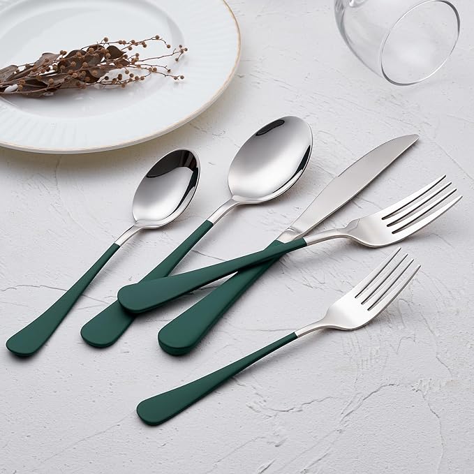 20-Piece Green Silverware Set 18/0 Stainless Steel Flatware Green Handle Cutlery Set Service for 4 Dinner Knives Forks Spoons Set Mirror Finish Dishwasher Safe