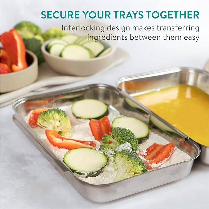 Navaris Breading Trays Set - Toaster Oven Pan - 3 Stainless Steel Trays for Food - Stainless Steel Tray for Bread Crumb Dishes Panko Schnitzel - Breading Tray for Fish and Meat