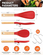 Cooking Spoon and Rice Scooper for Nonstick Cookwares, Great for Cooking and Serving Sturdy BPA-Free Matte Silicone, Wood Handle Spoon for Mixing, Scoop, and Scrape (RED)