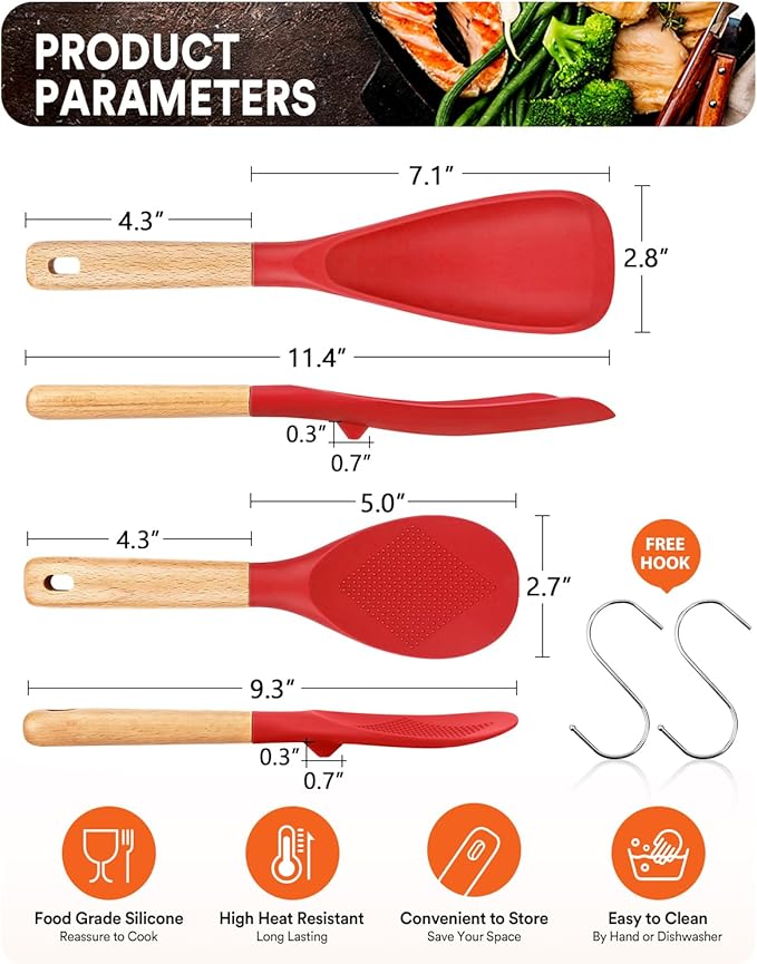 Cooking Spoon and Rice Scooper for Nonstick Cookwares, Great for Cooking and Serving Sturdy BPA-Free Matte Silicone, Wood Handle Spoon for Mixing, Scoop, and Scrape (RED)