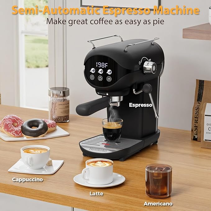 Espresso Machine with Steam Milk Frother Semi Automatic 20 Bar Compact Black with Toggle Switch for home Cafetera Espresso, Latte, Cappuccino, Americano, Macchiato