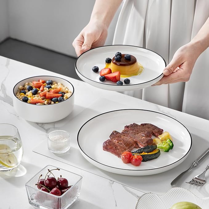 MALACASA Plates and Bowls Sets, 12 Pieces Modern Porcelain Dinnerware Set for 4 White Kitchen Dinner Dining Ware Set wtih Black Rim Ceramic Dishware Dishes Microwave and Dishwasher Safe, Series LUNA