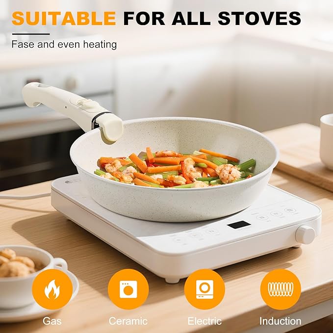 9 Pcs Ceramic Cookware Set Non Stick Frying Pots and Pans Set Non Toixc Cookware-PFAS/PFOA/PTFE Free, with Detachable Handle for RV Kitchen, Induction & Dishwasher Safe Cream White