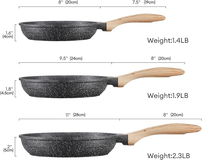 JEETEE Nonstick Frying Pans Set with Lid, Skillets Set 6 Pcs, 8" 9.5" 11" Granite Non-Stick Frying pan, Cookware Set with Bakelite Handle, Suitable All Stovetops (Gas, Electric & Induction), Grey