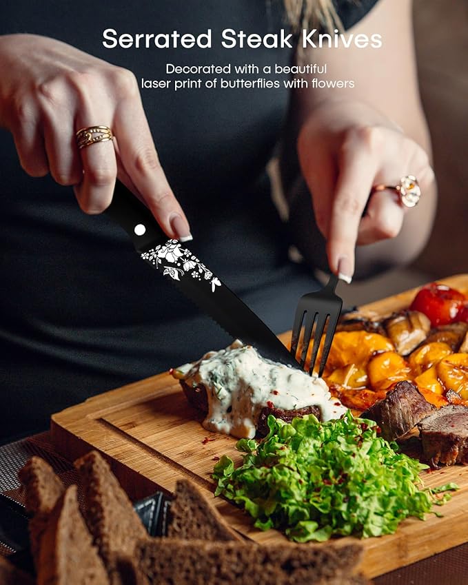 Black Silverware Set, Ollex 24 PCS Retro Royal Silverware Flatware Set for 4 with Spoons Forks Steak Knives Set, Mirror Polished Stainless Steel vintage Black Utensils Set, Dishwasher Safe