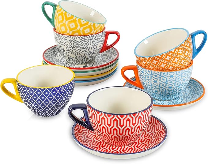 KitchenTour Espresso Cups and Saucers set, 6-pack,7oz - Cappuccino Cups with handle set of 6 - Teacup for Tea Party Bohemia style