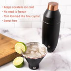 Snowfox Premium Vacuum Insulated Stainless Steel 22oz Cocktail Shaker and 4 Martini Glass Set, Home Bar Accessories, Elegant Drink Mixer, Leak Proof Lid & Built In Strainer, Gift Box, Black/Gold