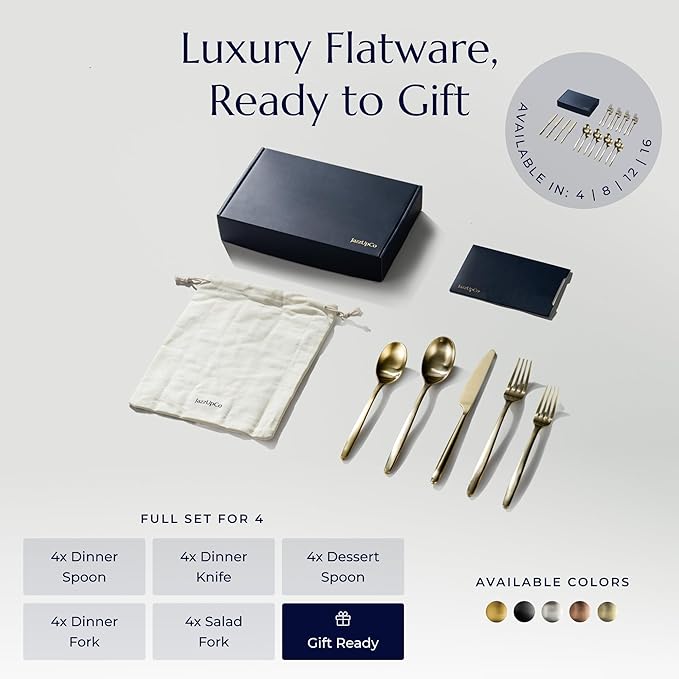 JazzUpCo Ava Flatware Flatware non toxic 18/10 stainless steel dishwasher safe (Matte Champagne Gold, 16 Person Set (80 Pieces))