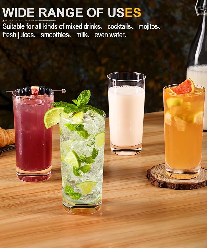 LUNA & MANTHA Drinking Highball Glasses Set of 4, Water Glasses 16 oz, Wide Mouth Design Lead-Free Crystal Glassware, Tall Glass Cups for Mojito and Tom Collins, Cocktail