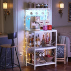 Kitchen Bakers Rack with Power Outlet & LED Lights, Small Coffee Bar Table with Adjustable Storage Shelf, 4 Tiers Microwave Stand with 8 Hooks, Coffee Station for Appliance Organizer, White
