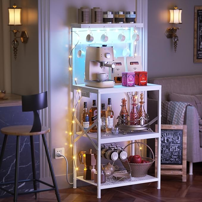 Kitchen Bakers Rack with Power Outlet & LED Lights, Small Coffee Bar Table with Adjustable Storage Shelf, 4 Tiers Microwave Stand with 8 Hooks, Coffee Station for Appliance Organizer, White