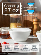 DOWAN Porcelain Soup Bowls Set of 6, 27 OZ Ceramic Square Cereal Bowls, Soft White Bowl, for Ice Cream and Dessert Snack, Wedding Party Gift, Microwave Safe Bowl