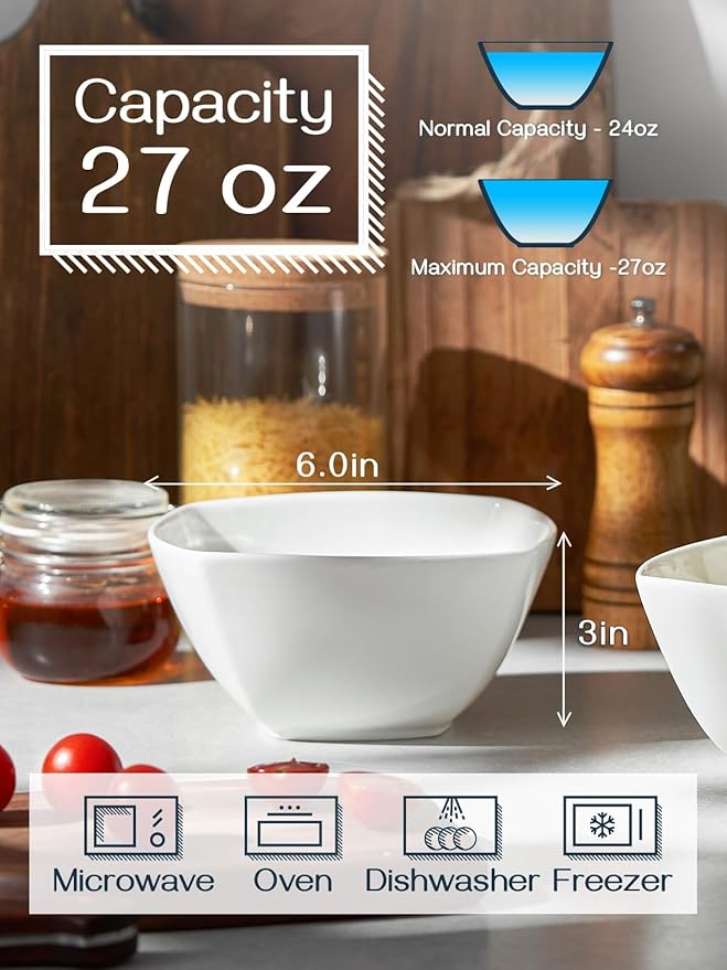 DOWAN Porcelain Soup Bowls Set of 6, 27 OZ Ceramic Square Cereal Bowls, Soft White Bowl, for Ice Cream and Dessert Snack, Wedding Party Gift, Microwave Safe Bowl