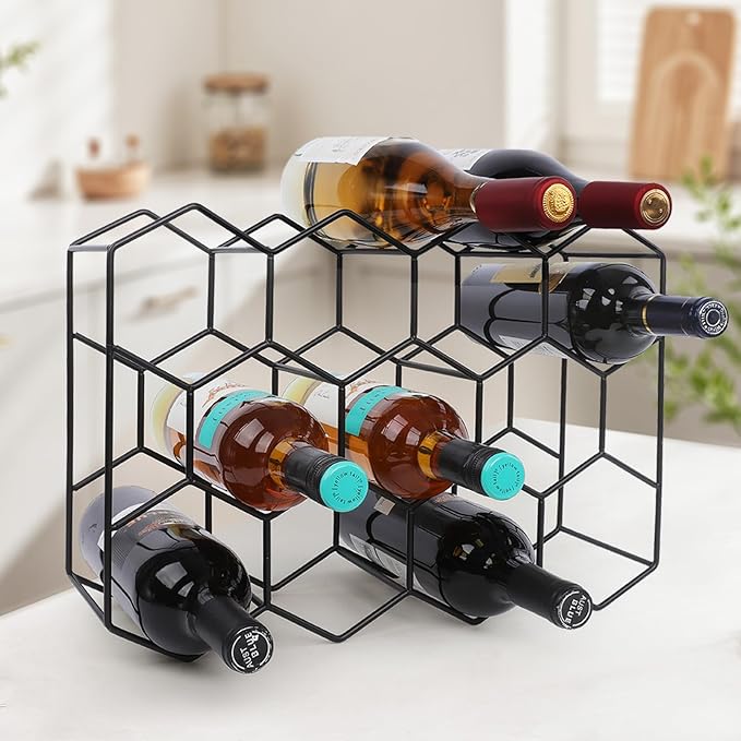 Black Wine Rack Countertop 14 Bottles, Geometric Stainless Steel Wine Bottle Holder,3 Tier Wine Racks for Cabinet Pantry Bar Table No Assembly Required