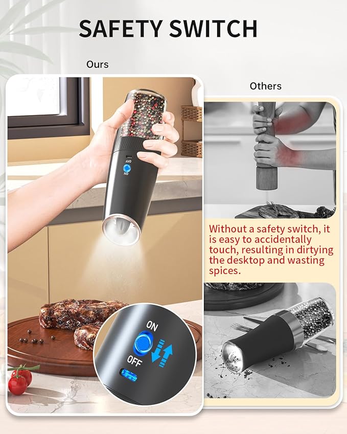 CIRCLE JOY Rechargeable Salt and Pepper Grinder Set Gravity Electric Salt and Pepper Grinder Set, LED Light, Adjustable Coarseness, for Home Kitchen BBQ, Black & White