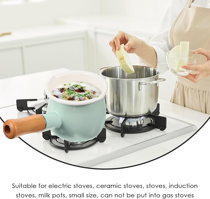 GANAZONO Enamel Milk Pan Mini Butter Warmer 7 Inch Non-stick Milk Heating Pot Small Enamelware Saucepan with Wood Handle for Heating Liquid Portions 10CM Light Green