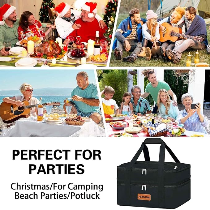 Double Decker Insulated Casserole Carrier for Hot or Cold Food, Expandable Insulated Food Carrier for Parties, Picnic, Beach, Fits 9"x13" Baking Dish (Black)