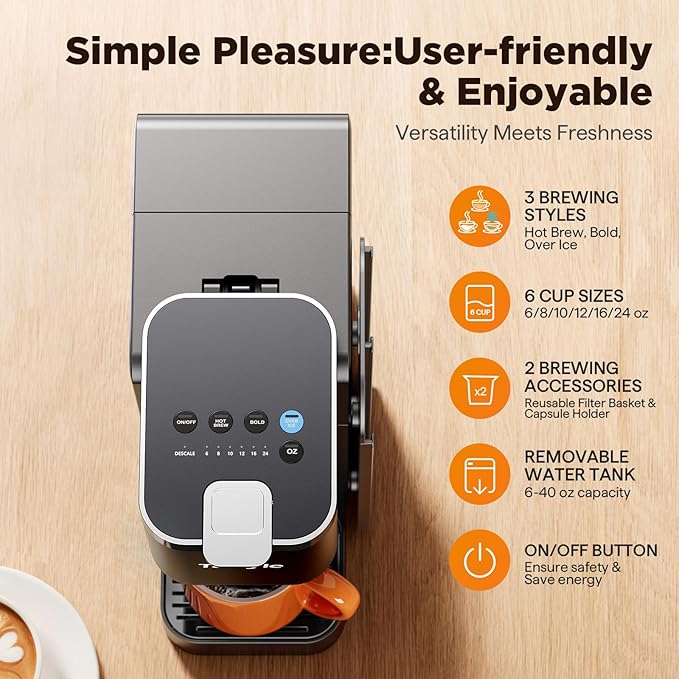 Hot & Iced Coffee Maker with Magnetic K-Pod Organizer (Pods Not Included), Stores 10 Pods, 4-5 Cups Coffee Maker & Single-serve Brewer for K Cup & Grounds, 40oz Removable Water Tank, Black