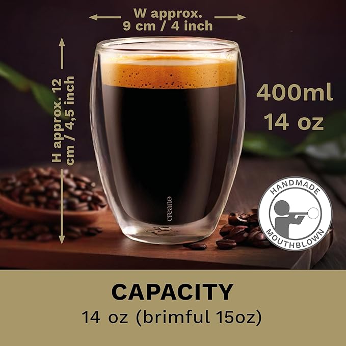 Creano Premium Double-Walled Drinking Glasses 12.5oz / 400 ml - Set of 6 - Professional Quality - 100% Dishwasher Safe (2x 12.5oz)