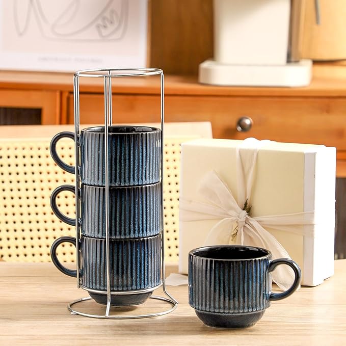 glowworm Coffee Mugs Set of 4, 15 Oz Stackable Coffee Mugs with Rack, Ceramic Cups for Home, Office, Housewarming & Engagement Gifts, Microwave & Dishwasher Safe, Navy Blue