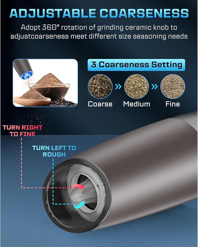 XinXu Gravity Electric Salt and Pepper Grinder Set, Automatic Mill Grinder Shaker,Battery-Operated, Adjustable Coarseness, Stainless Stee, LED Light, One Hand Operated,Brown