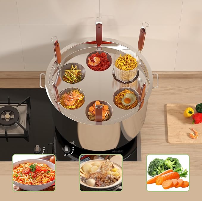 Large Pasta Cooker with Strainer,53.22 Qt. Commercial Pasta Pot,Stainless Steel Pasta Cooker Insert Set with Strainer Basket,Multipots Cooking Tool for Commercial Restaurant,6 Holes