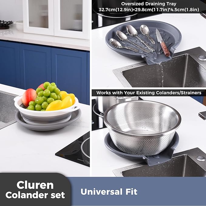 Collapsible Colander Set with Universal Draining Tray | 3-Pack Foldable Kitchen Strainers + Base | Space Saving for Pasta, Veggies, Fruit & Rice | 5 Colors (Gray-White)