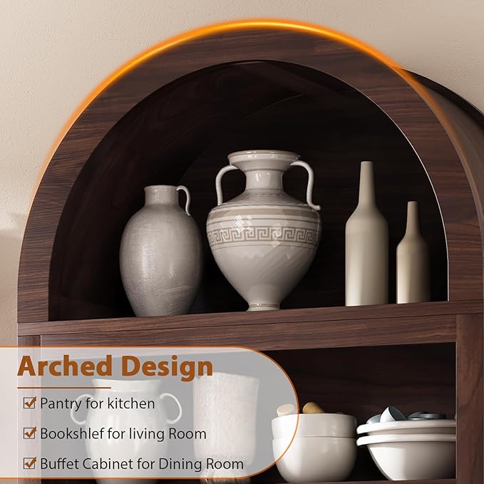 Kitchen Pantry Cabinet, Arched Bookshelf Bookcase China Pantry Storage Cabinet with Doors and Shelves,71“ Tall Food Pantry Funiture for Living Room,Dining Room (Walnut)