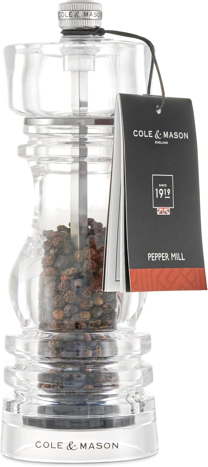 Cole & Mason London Refillable Spice Mill - Kitchen & Home Accessory - Table Black Pepper Grinder - Pepper Mill with Carbon Steel Mechanism - 7", Acrylic