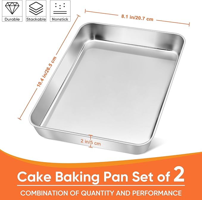Herogo 10.5" x 8" x 2" Deep Baking Pan Set of 2, Stainless Steel Rectangle Sheet Cake Pan for Lasagna Brownies Casseroles Cakes, Dishwasher Safe & Durable