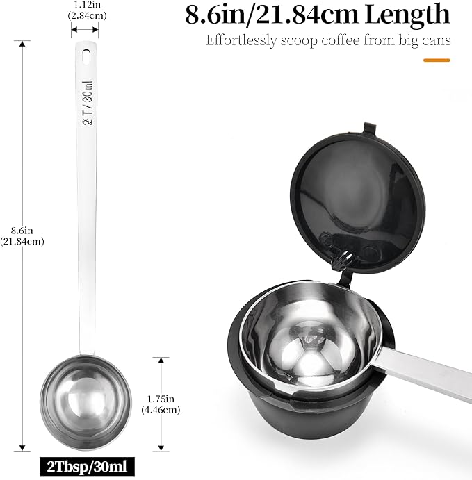 Long Handle Coffee Scoop: 8.6 Inch 18/8 Stainless Steel 2 Tablespoon Metal Measuring Spoon Tbsp Scoop for Coffee Beans, Grounds Coffee, Coffee Powder, Tea, Tall Jars (2Tbsp/30ml)