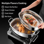 Eglaf 2-Tier Stainless Steel Fish Steamer - Multi-Use Square Steaming Cookware with Rack, Ceramic Plate, Chuck, Oven Mitts - Stockpot for Steaming Fish, Boiling Soup